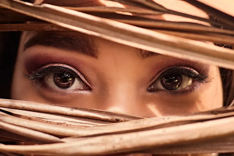 Brown eyes framed with plum and brown smoky eyeshadow