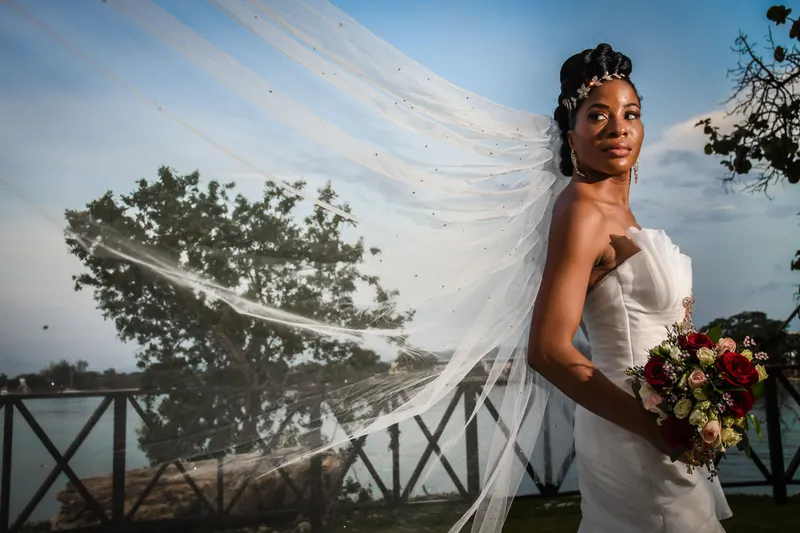A bride holding red roses stands outdoors as the wind lifts her long veil