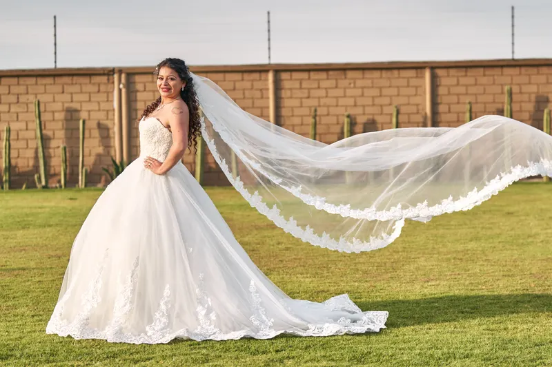 A bride in a full gown with a long veil blowing in the wind on a sunny lawn