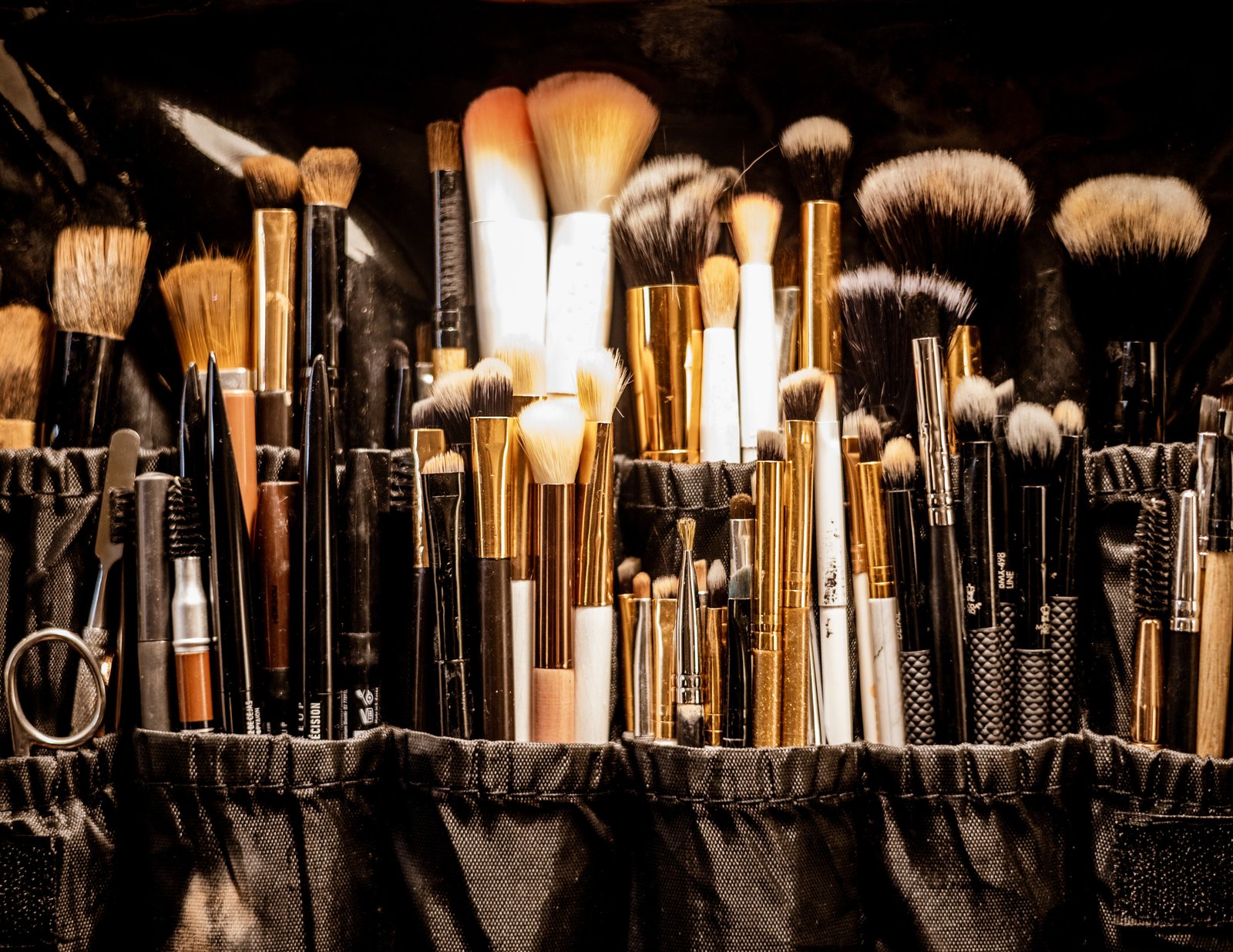 Diverse set of makeup brushes neatly arranged in a professional kit case