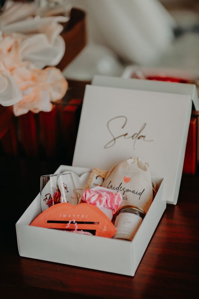 Personalized bridesmaid gift box filled with small beauty treats, an alternative to gifting the Charlotte Tilbury Advent Calendar 2025