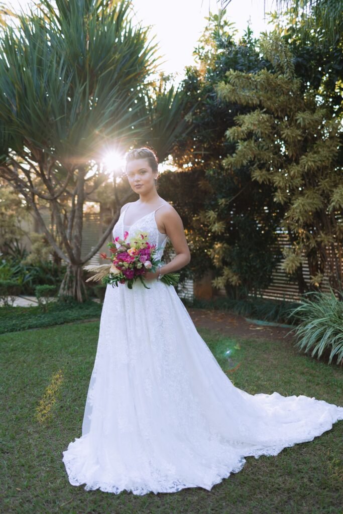 Bride in bright Florida sunshine wearing Bobbi Brown Weightless Skin Foundation SPF 15 style natural makeup