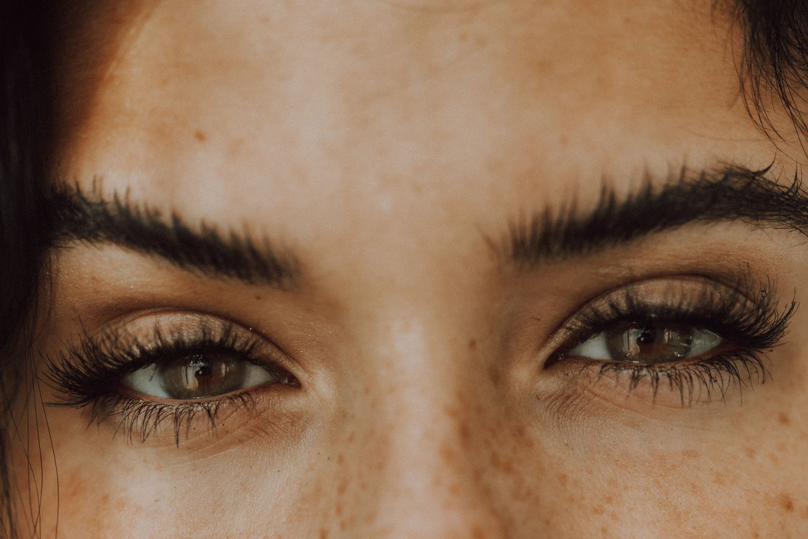 Close-up of an eye with naturally full lashes and defined brows