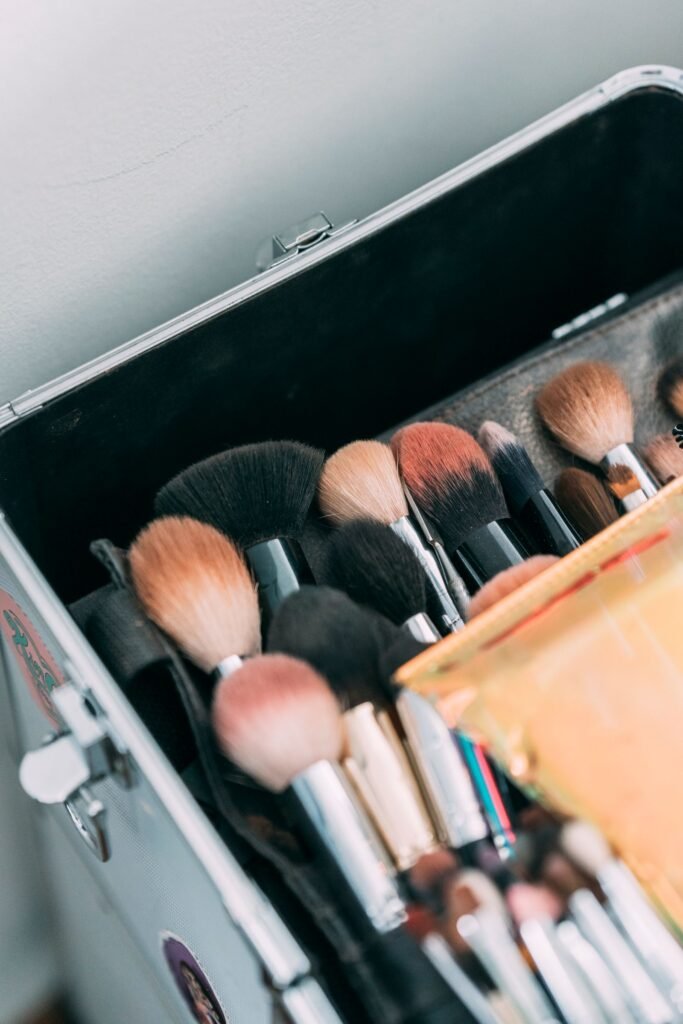 Professional makeup kits packed with a full range of brushes in a travel case